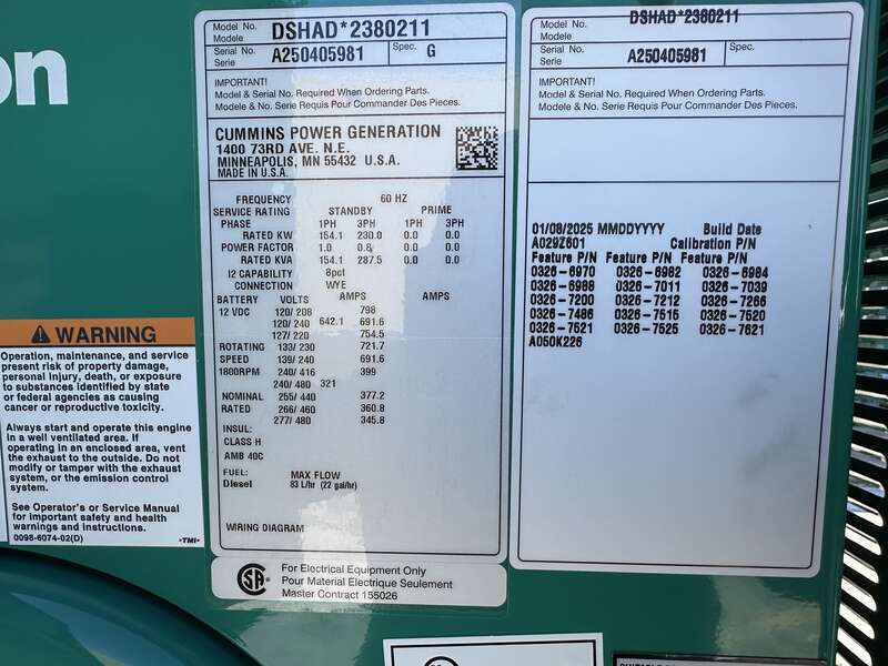 New Cummins DSHAD QSL9-G2 NR3 Diesel Generator EPA Tier 3