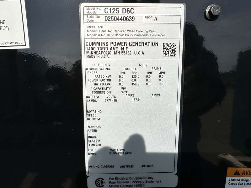 New Cummins C125D6C QSB5-G6 NR3 Diesel Generator, EPA Tier 3