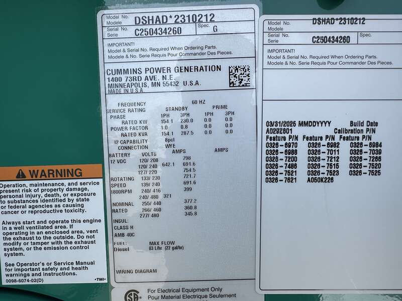 New Cummins DSHAD QSL9-G2 NR3 Diesel Generator EPA Tier 3