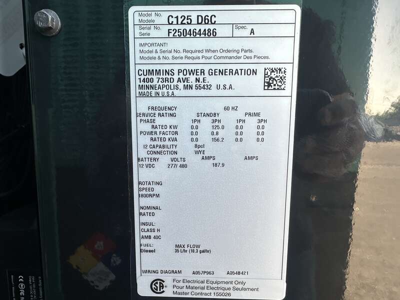 New Cummins C125D6C QSB5-G6 NR3 Diesel Generator, EPA Tier 3