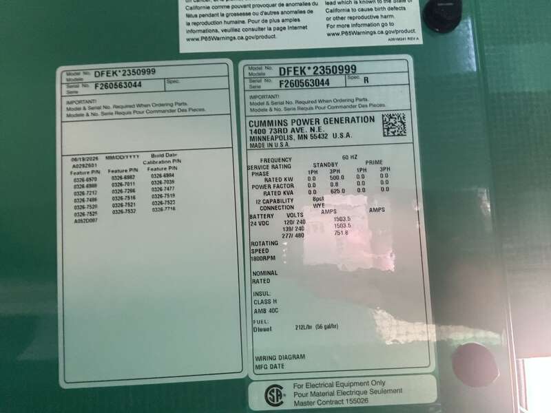 New Cummins DFEK QSX15-G9 Diesel Generator EPA Tier 2                            