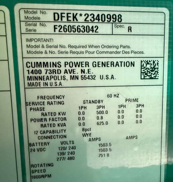 New Cummins DFEK QSX15-G9 Diesel Generator EPA Tier 2                            