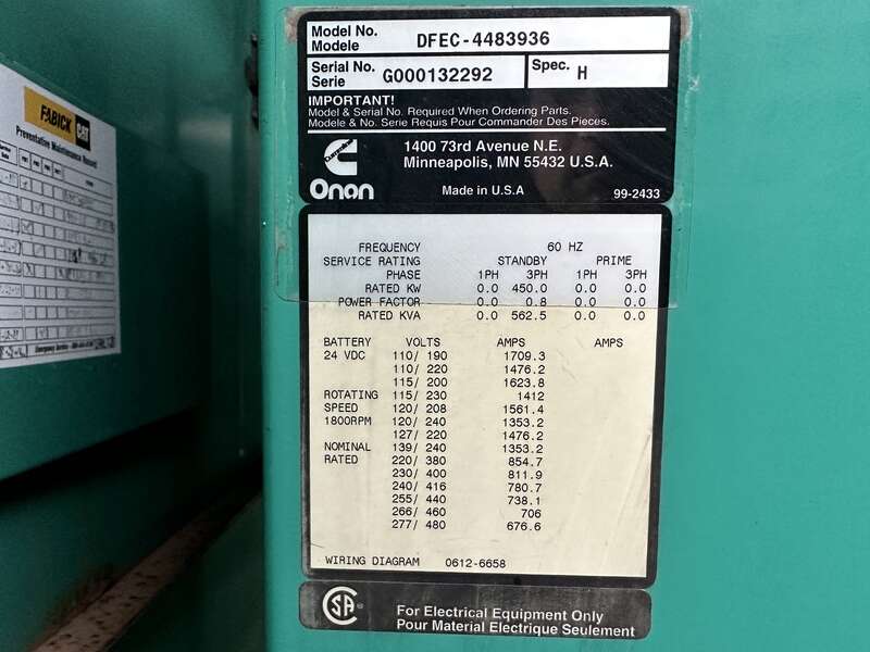 Used Cummins DFEC KTA19-G3 Diesel Generator, 1513 Hrs