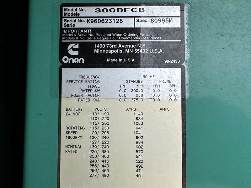 Used Cummins DFCB NTA-855-G2 Diesel Generator, 1013 Hrs