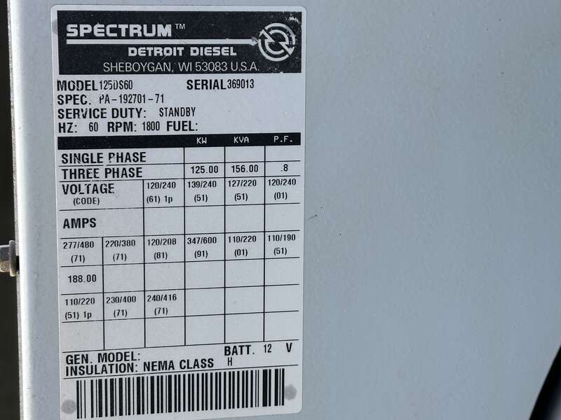 Used Detroit Diesel 125DS60 Series 40 6.7L Diesel Generator, 1067 Hrs