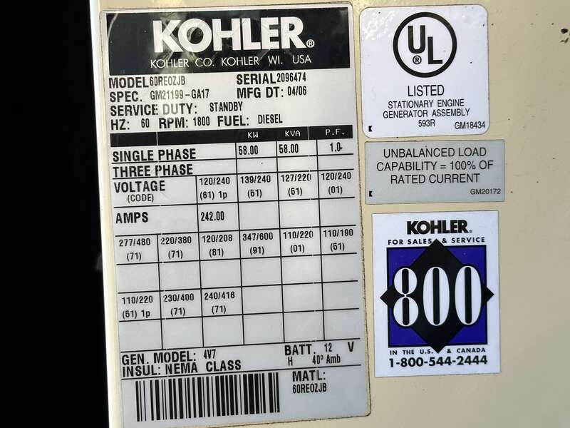 Used Kohler 60REOZJB Diesel Generator, 548 Hrs, EPA Tier 2 Single Phase