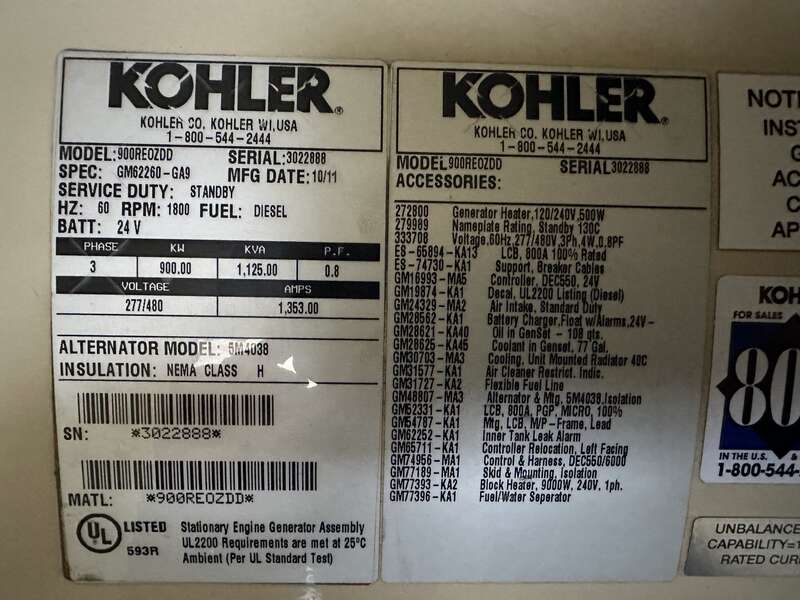 Used Kohler 900REOZDD Diesel Generator, 434 Hrs, EPA Tier 2