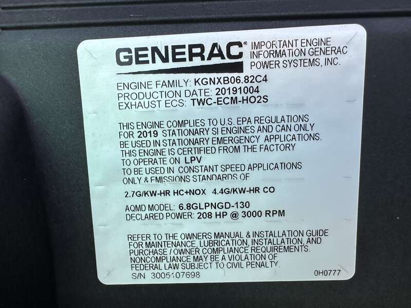 Used Generac SG0100 Natural Gas / Propane Generator, 1 Hrs Single Phase