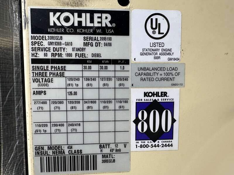 Used Kohler 30REOZJB Diesel Generator, 276 Hrs Single Phase
