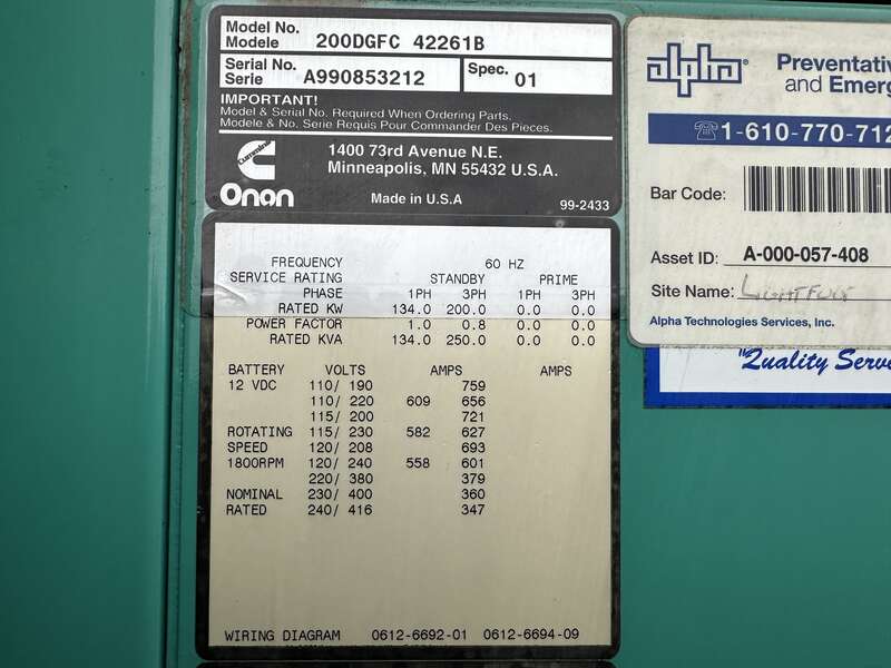 Used Cummins DGFC 6CTAA8.3-G1 Diesel Generator, 357 Hours