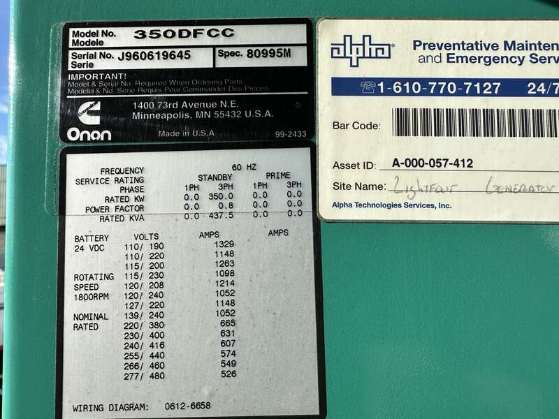 Used Cummins 350DFCC NTA-855-G3 Diesel Generator, 323 Hrs