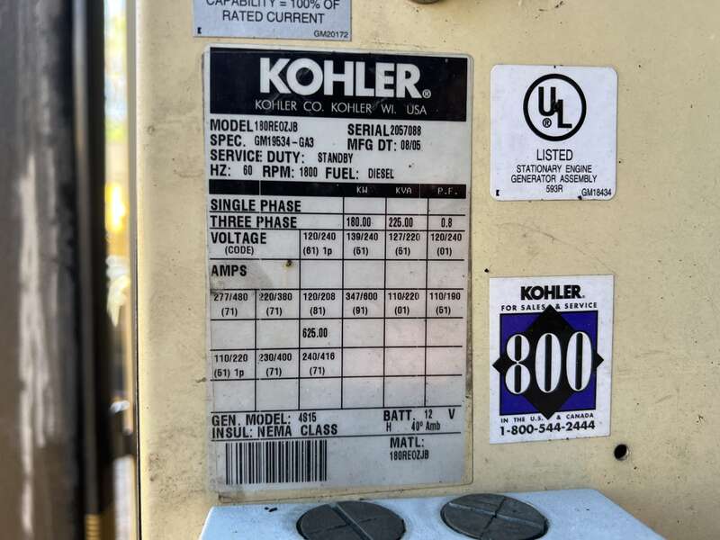 Used Kohler 180REOZJB Diesel Generator, 890 Hrs