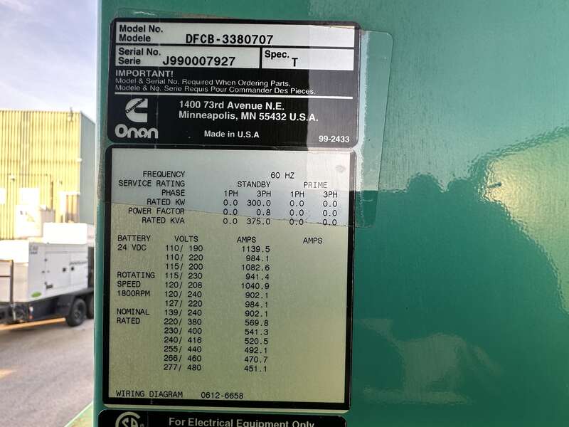 Used Cummins DFCB NTA-855-G2 Diesel Generator, 603 Hrs