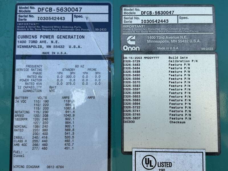 Used Cummins DFCB NTA-855-G2 Diesel Generator, 735 Hrs