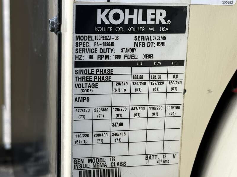Used Kohler 100REOZJ Diesel Generator, 487 Hrs