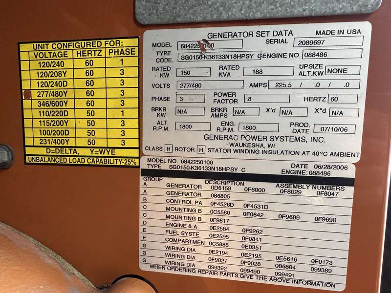 Used Generac SG0150 Natural Gas / Propane Generator 553 Hrs