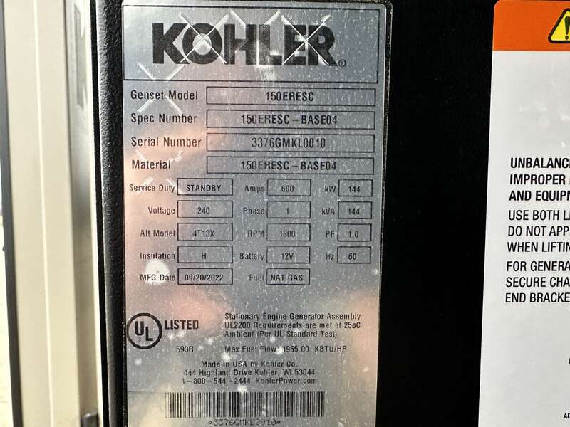 New Kohler 150ERESC Natural Gas / Propane Generator, 0 Hrs, EPA Certified Single Phase