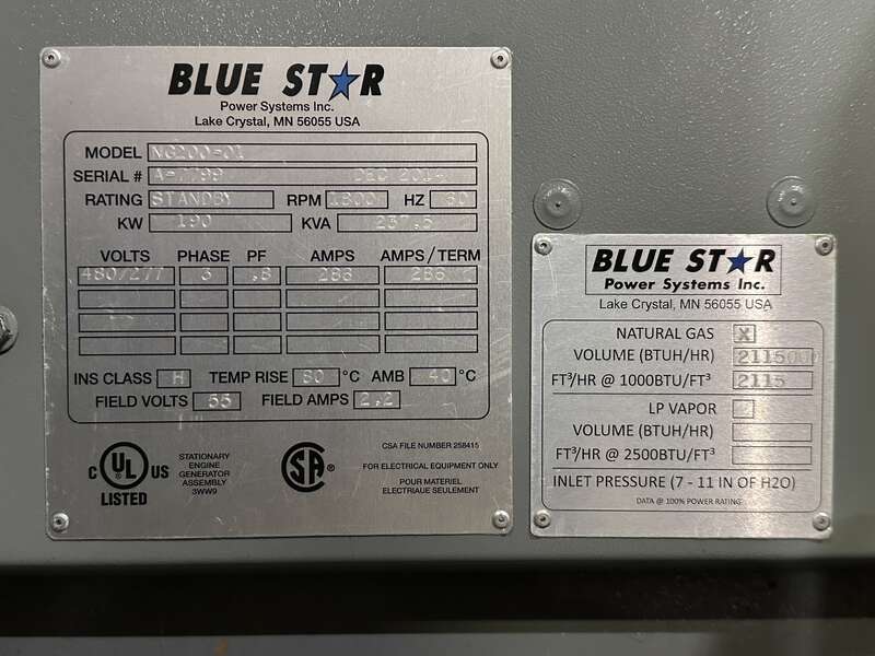 Used Blue Star Power Systems NG200 Natural Gas / Propane Generator, 270 Hrs, EPA Certified