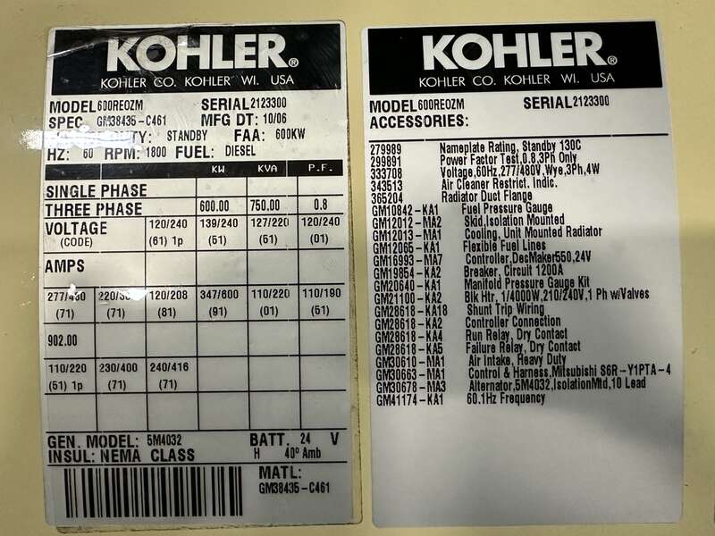 Used Kohler 600REOZM Diesel Generator 2 Hrs