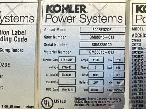 Used Kohler 800REOZDE Diesel Generator, 2 Hrs, EPA Tier 2