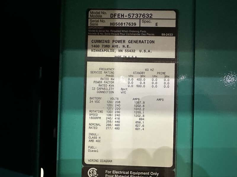 Used Cummins DFEH QSX15-G9 Diesel Generator, 335 Hrs, EPA Tier 2