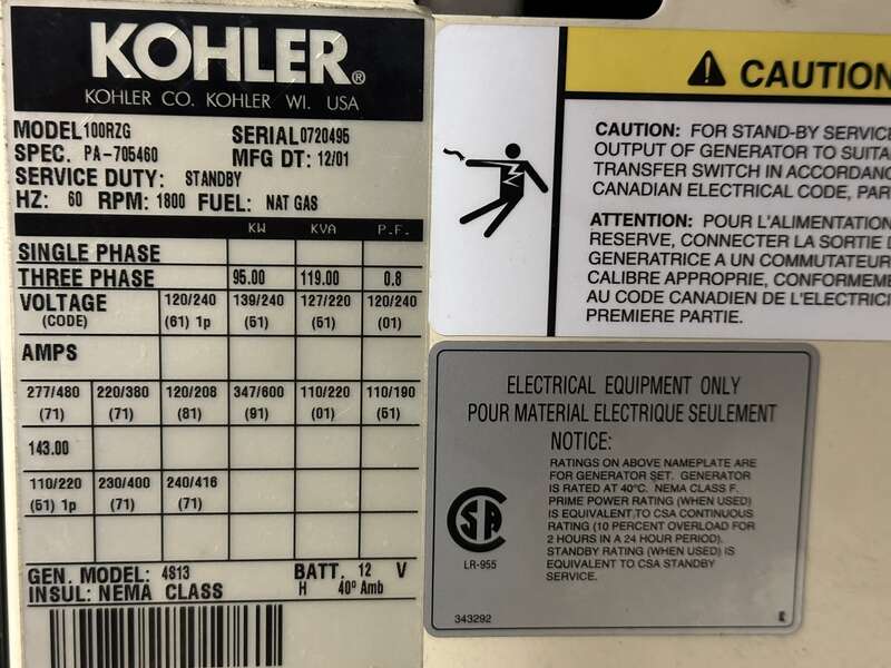 Used Kohler 100RZG Natural Gas / Propane Generator, 778 Hrs