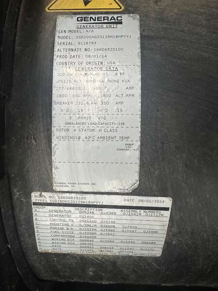 Used Generac MGG200 Rental Grade Natural Gas / Propane Generator, 2 Hrs, EPA Certified