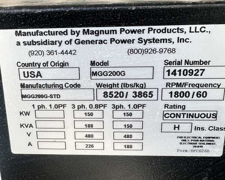 Used Generac MGG200 Rental Grade Natural Gas / Propane Generator, 2 Hrs, EPA Certified