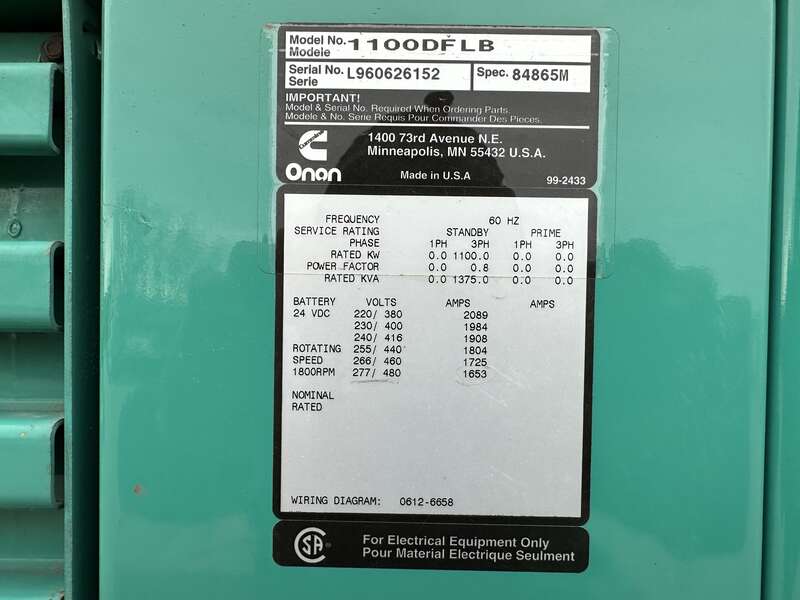 Used Cummins DFLB KTA50-G2 Diesel Generator, 137 Hrs