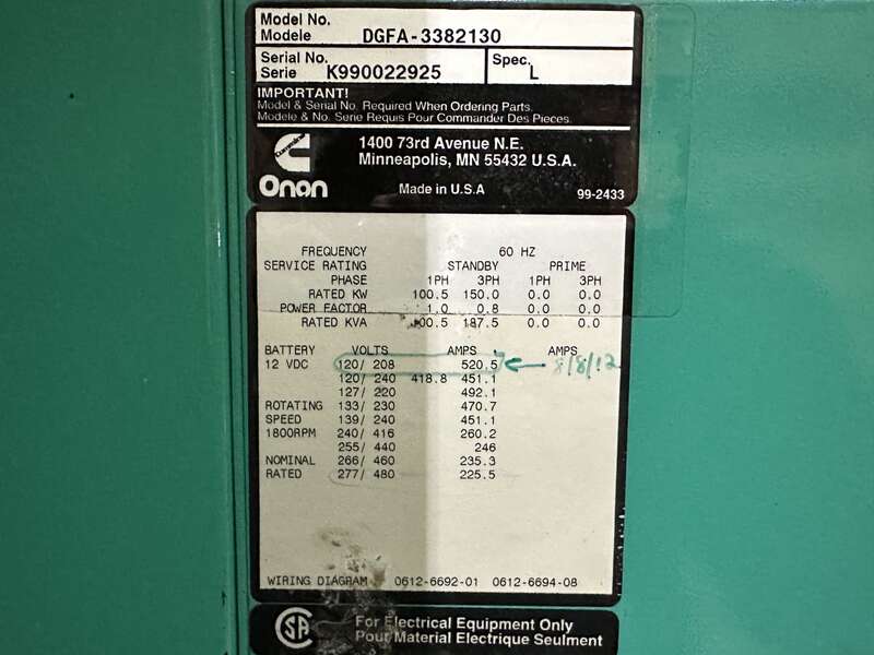 Used Cummins DGFA Diesel Generator, 670 Hrs