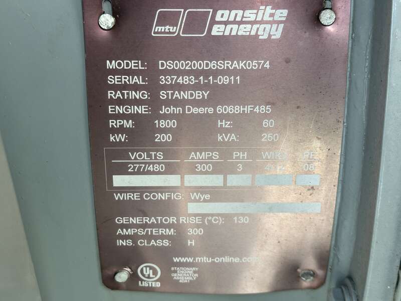 Used MTU DS200 Diesel Generator, 148 Hrs, EPA Tier 3