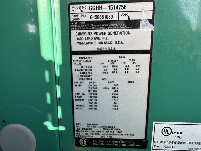 Used Cummins GGHH Natural Gas / Propane Generator, 181 Hrs, EPA Certified 1 or 3 Phase