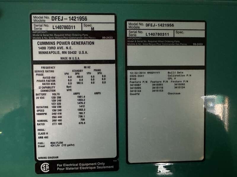 Used Cummins DFEJ QSX15-G9 NR2 Diesel Generator 126 Hrs, EPA Tier 2