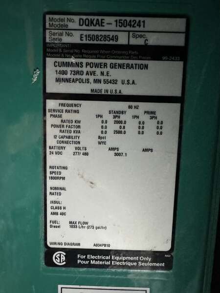 Used Cummins DQKAE QSK60-G6 Diesel Generator 169 Hrs, EPA Tier 2