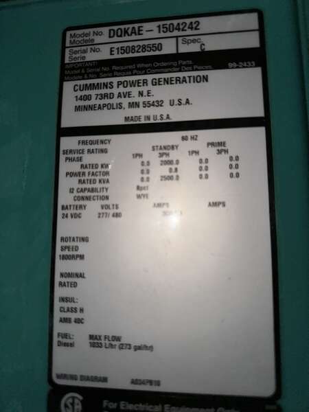 Used Cummins DQKAE QSK60-G6 Diesel Generator 187 Hrs, EPA Tier 2