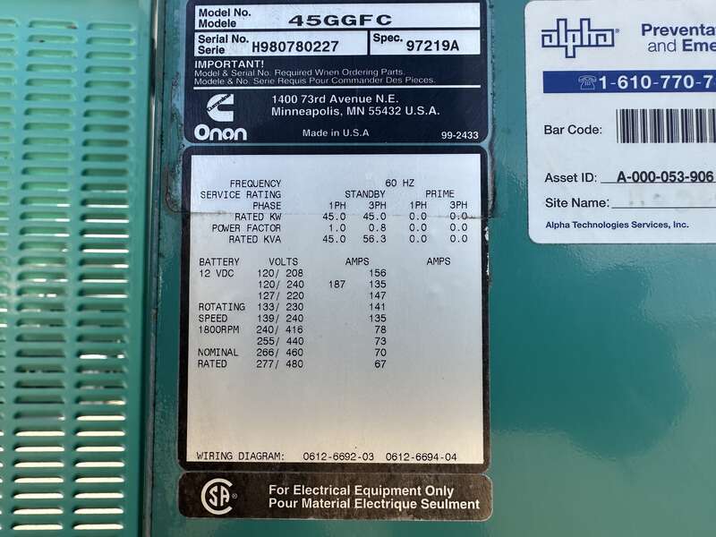 Used Cummins GGFC Natural Gas Generator, 213 Hrs 1 or 3 Phase