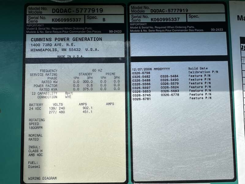 Used Cummins DQDAC QSL9-G5 Diesel Generator, 258 Hrs