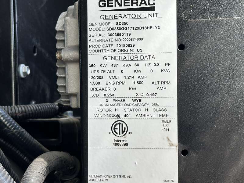 Used Generac SD350 Iveco/FPT 12.9L Diesel Generator, 231 Hrs, EPA Tier 3