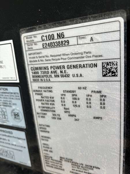New Cummins C100N6 QSJ8.9G Natural Gas / Propane Generator, EPA Certified