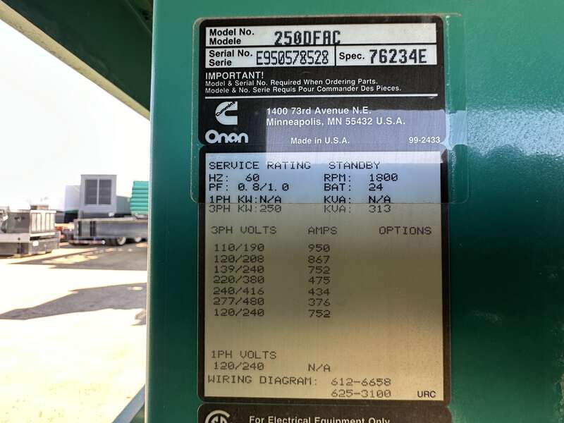 Used Cummins DFAC Diesel Generator, 649 Hrs
