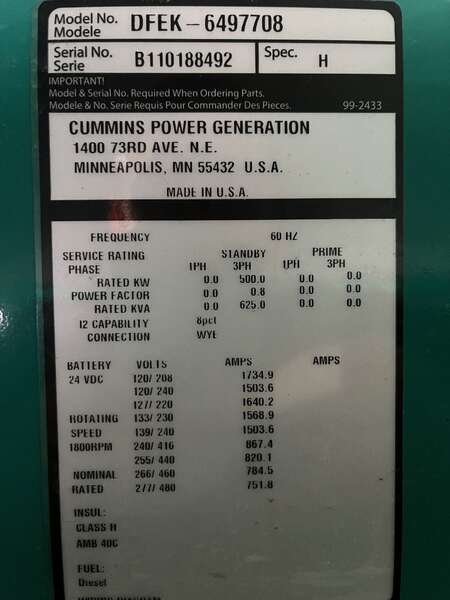 Used Cummins DFEK QSX15-G9 Diesel Generator, 300 Hrs, EPA Tier 2