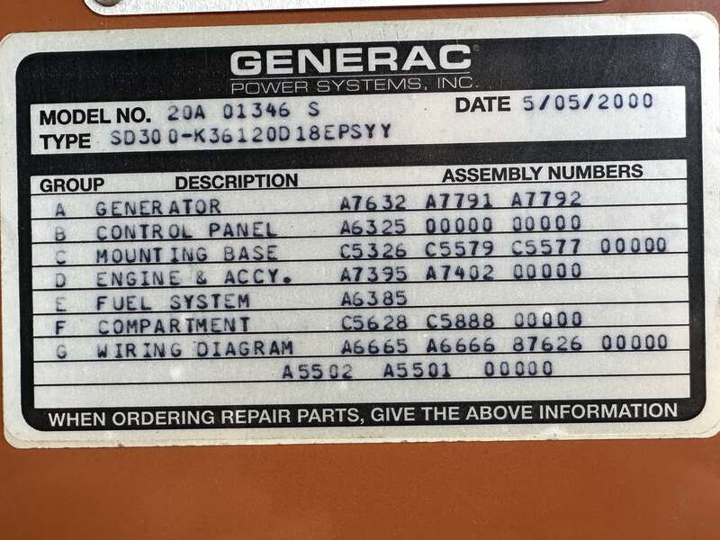 Used Generac SD300 Diesel Generator, 1072 Hrs