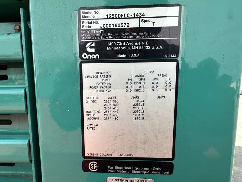 Used Cummins DFLC KTA50-G3 Diesel Generator, 1862 Hrs