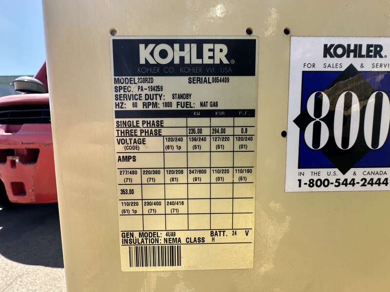 Used Kohler 230RZD Natural Gas Generator, 774 Hrs