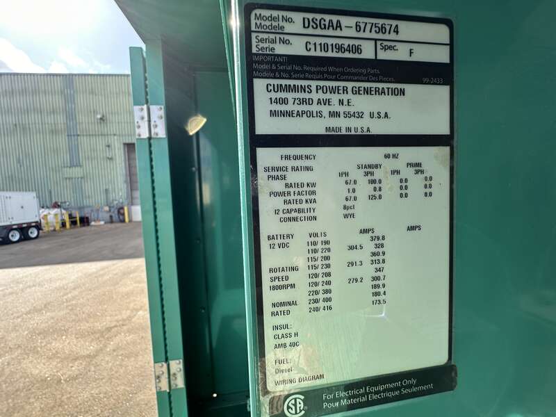 Used Cummins DSGAA Diesel Generator, 446 Hrs, EPA Tier 3