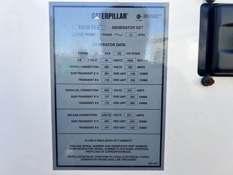 Used Caterpillar XQ125 Rental Grade Diesel Generator, 7682 Hrs, EPA Tier 4F