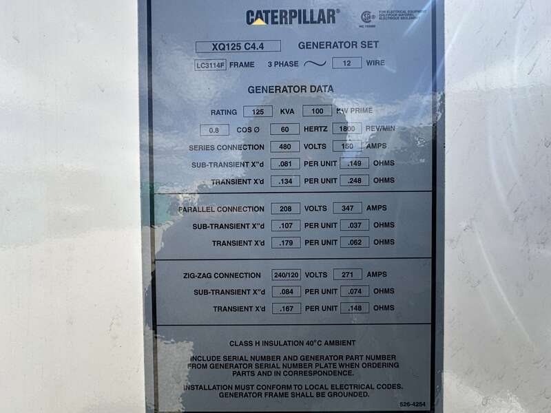 Used Caterpillar XQ125 Rental Grade Diesel Generator, 8958 Hrs, EPA Tier 4F