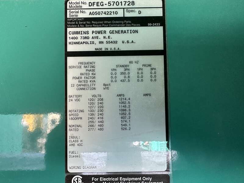 Used Cummins DFEG QSX15-G9 Diesel Generator 641 Hrs EPA Tier 2