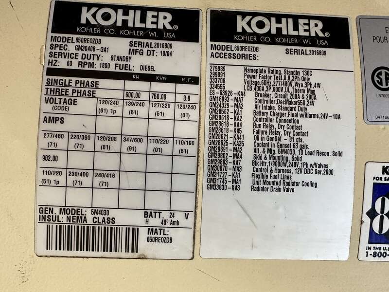 Used Kohler 600REOZDB 12V2000 Diesel Generator, 617 Hrs