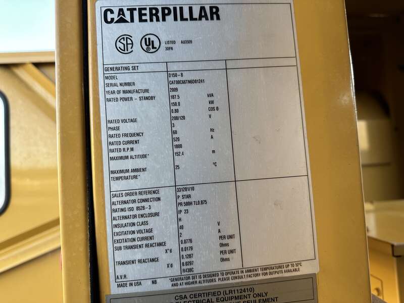 Used Caterpillar D150-8 C6.6 Diesel Generator 154 Hrs, EPA Tier 3